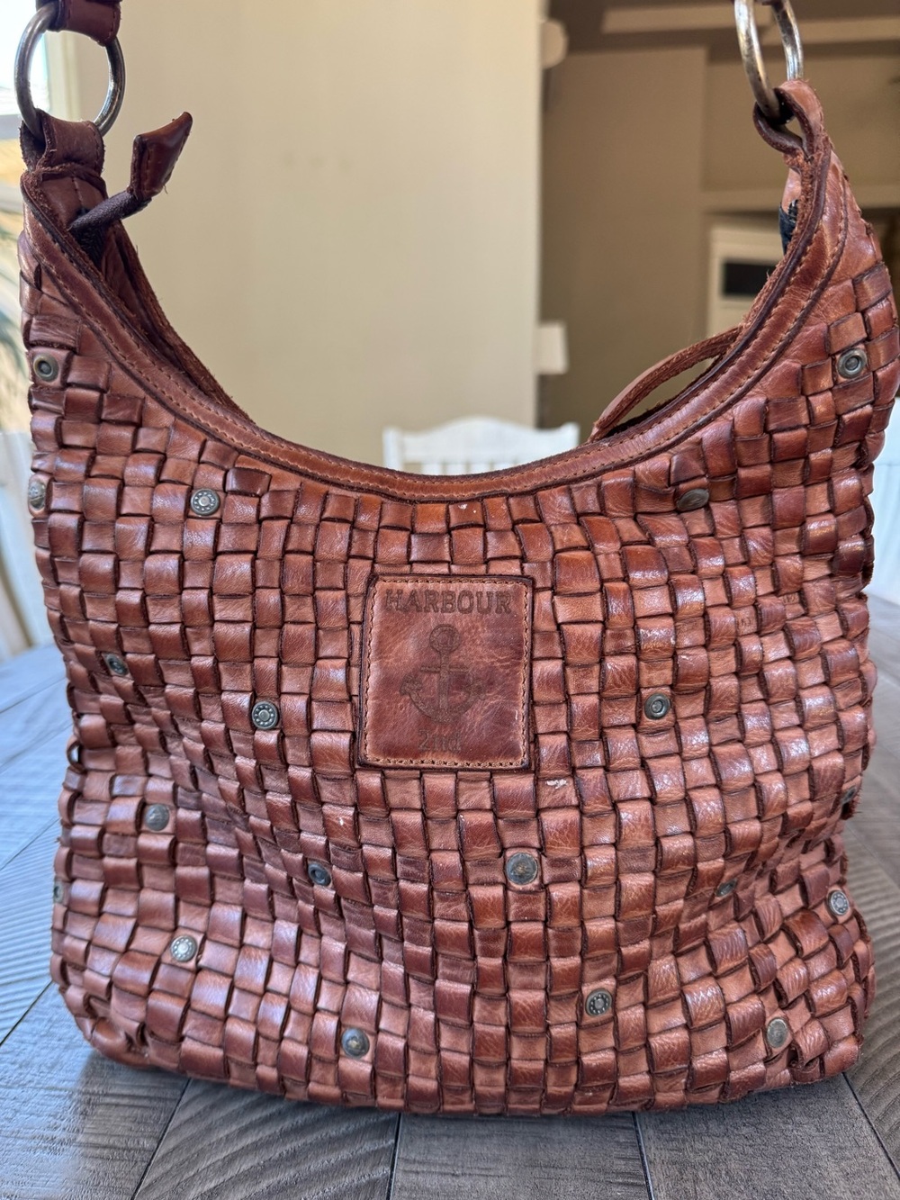 Harbour 2nd Tuula Woven Leather Riveted Distressed Hobo Shoulder Bag Purse - Picture 6 of 13
